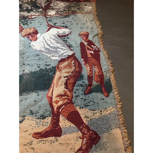 Vintage Golf Scene Cotton Throw Blanket Fringed Edges Sports Decor USA Made - Picture 3 of 10